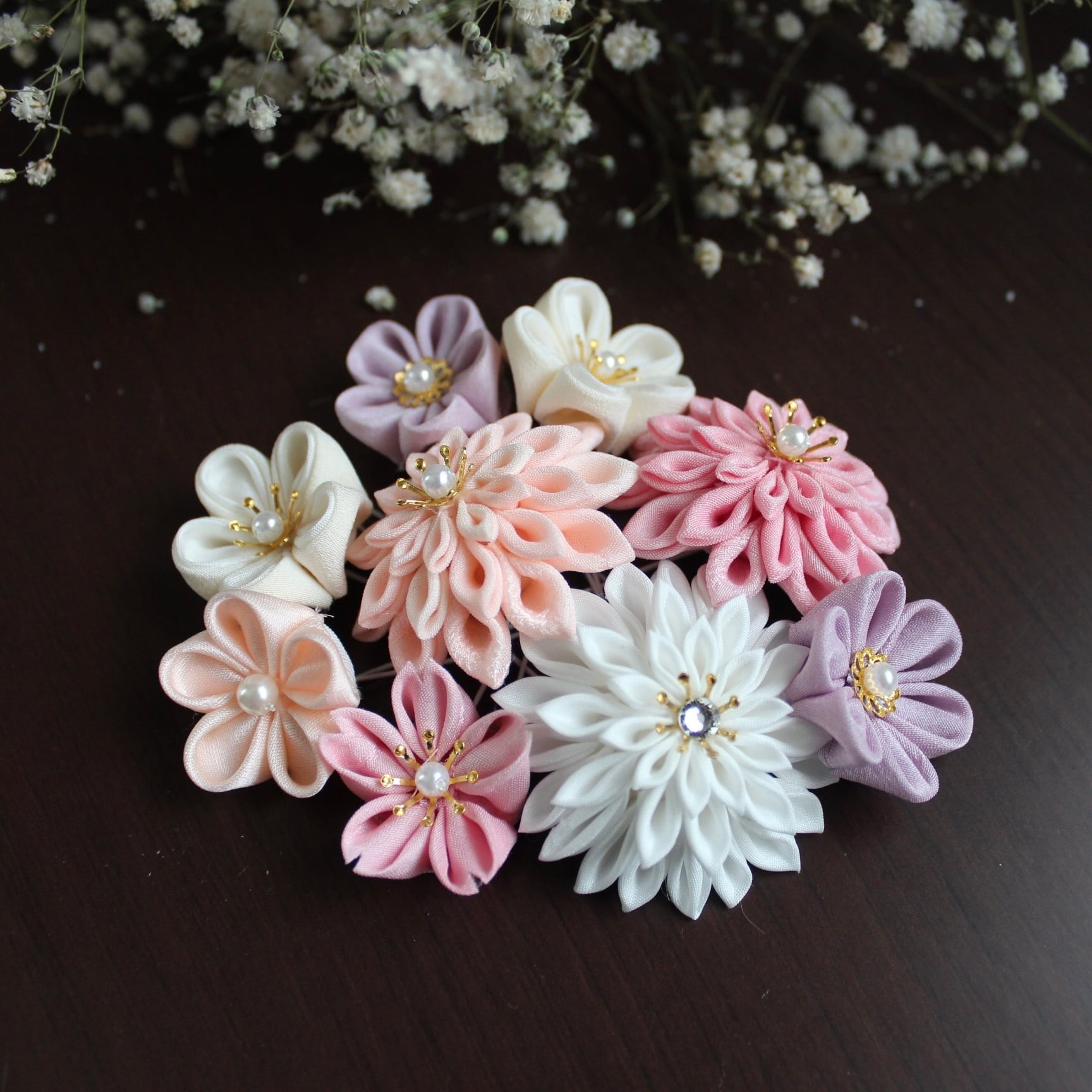 新品 七五三 つまみ細工 髪飾り パステルカラー 正絹 髪飾り