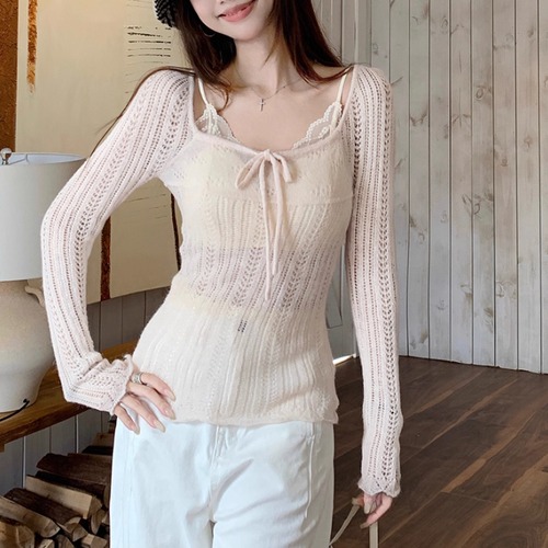 【2点セット】フロントリボン透かし編みニットトップス＋インナーレースキャミ ・71845