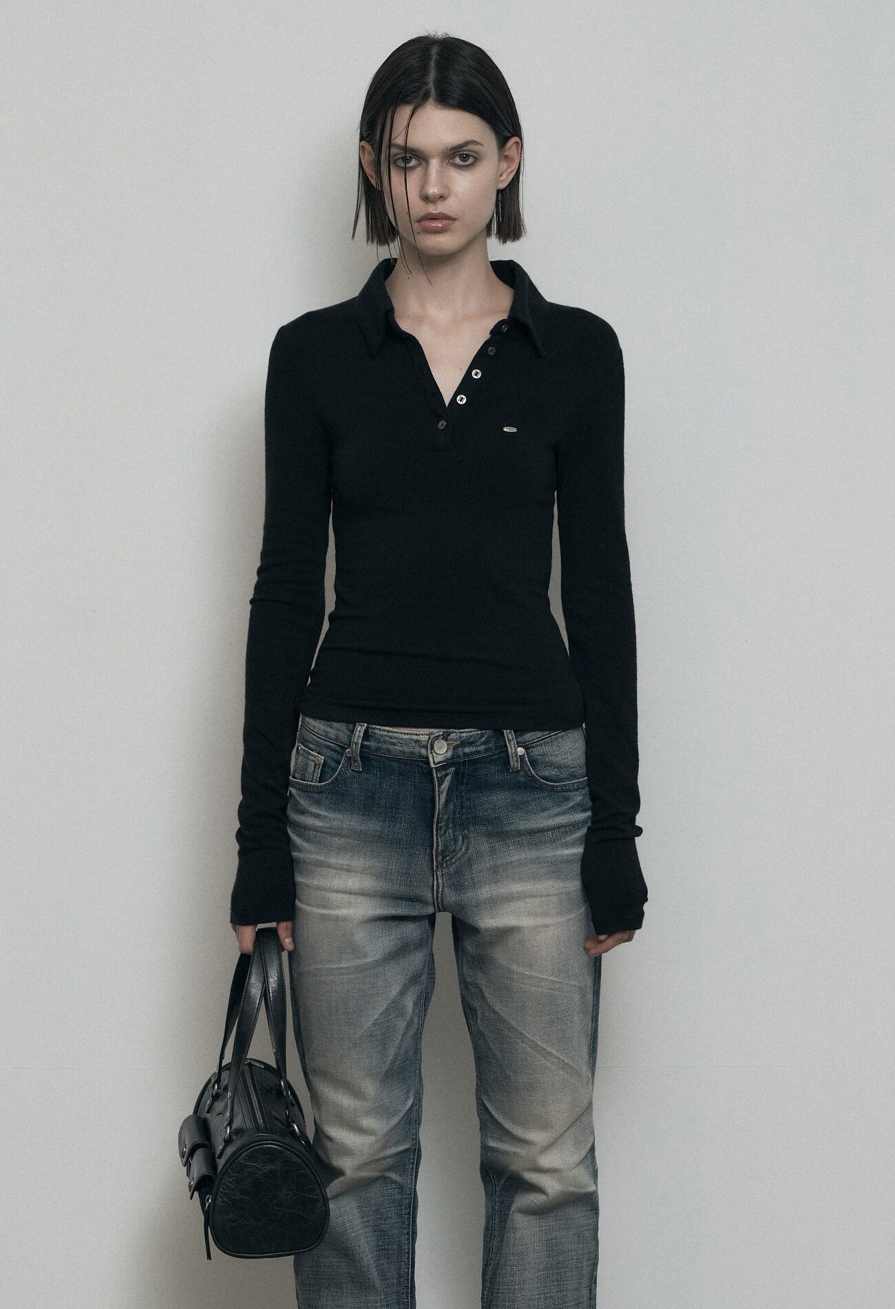 BOHEMIAN SEOUL] SOFT HALF COLLAR SHIRT, BLACK 正規品 韓国ブランド 