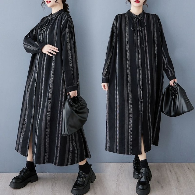 BLACK STRIPE STAND COLLAR LONG SHIRT DRESS 1color M-11620