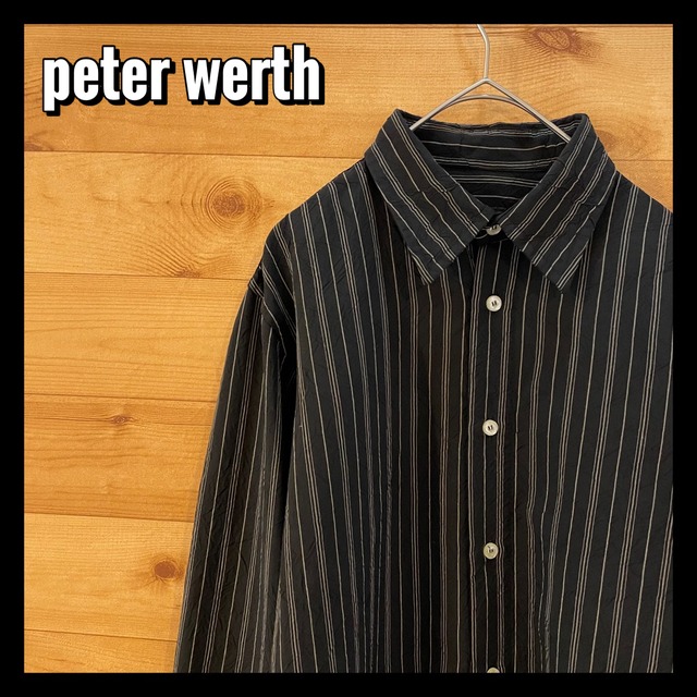 【peter werth】ポリシャツ ストライプ 長袖 シワ加工 黒ボディ 総柄 メンズM相当 US古着 アメリカ古着