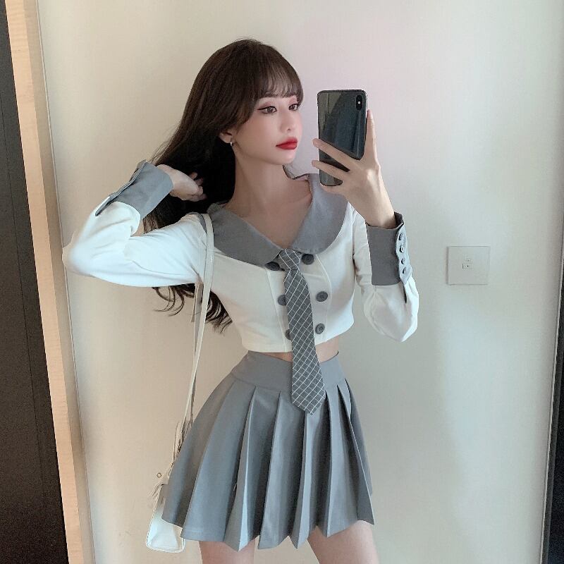 スタイル秋の気質スカートツーピース女性2020ウエスタンスタイル新しい小さなサイズの薄いjkプリーツスカートスーツ ブラックストロベリース74140606431