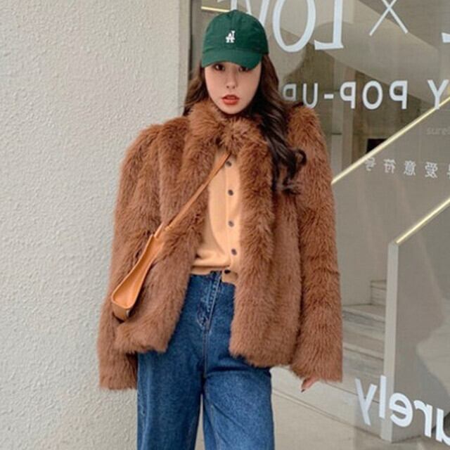 ファーコート レディース アウター もこもこ おしゃれ かわいい フェイクファー ブラウン/ベージュ S/M/L/XL