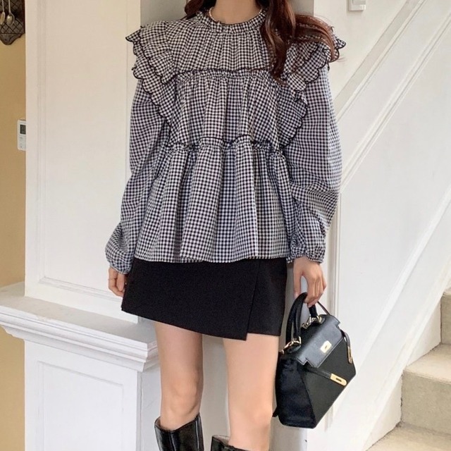 Scallop frill  blouse(Gingham・White・Black)