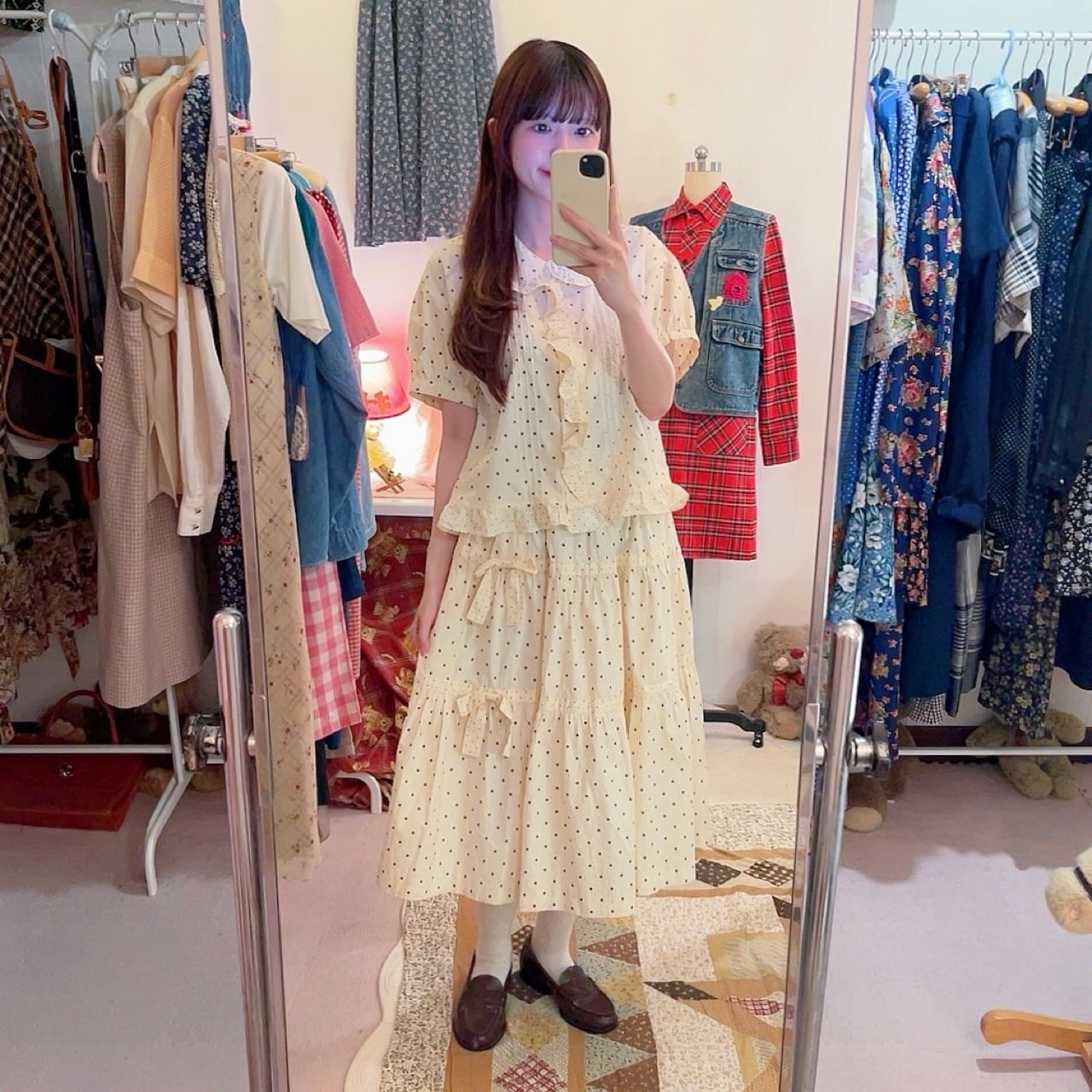 cream brown dot blouse & skirt set up