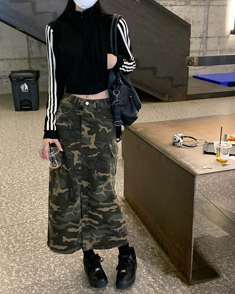 カーゴロング丈スカート 迷彩柄 カモフラージュ柄 秋冬 カジュアル