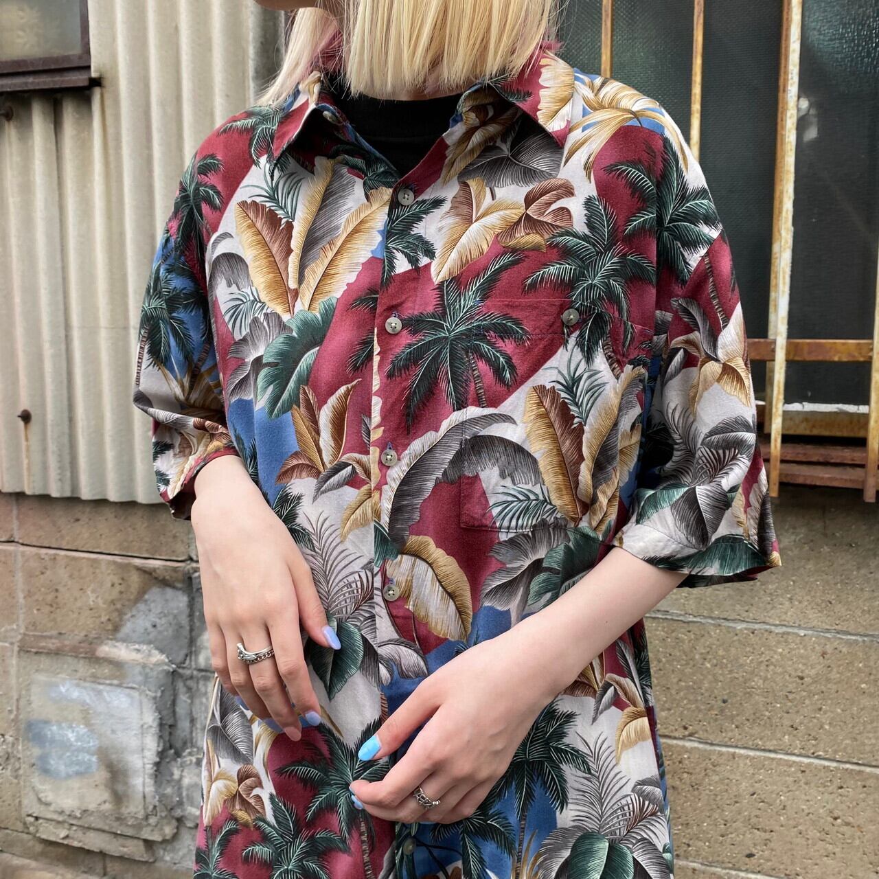 ビッグサイズ Croft Barrow 半袖 レーヨン アロハシャツ メンズ2xl相当 古着 ボタニカル柄 ヤシの木 総柄シャツ ブラッドピンク マルチカラー 大きいサイズ 半袖シャツ Ss27 Cave 古着屋 公式 古着通販サイト