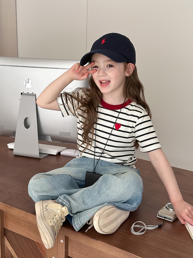 【KID】ハート刺しゅうストライプ半袖Tシャツ - 11