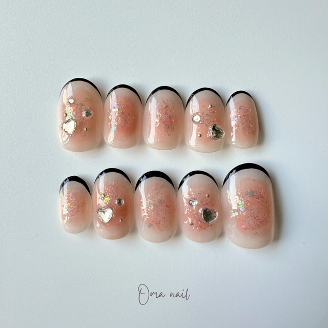 ピーチチーク・ブラックフレンチネイル｜peach french