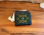 読谷山花織   L字ファスナーミニウォレット     　花織の色　緑　　革　黒