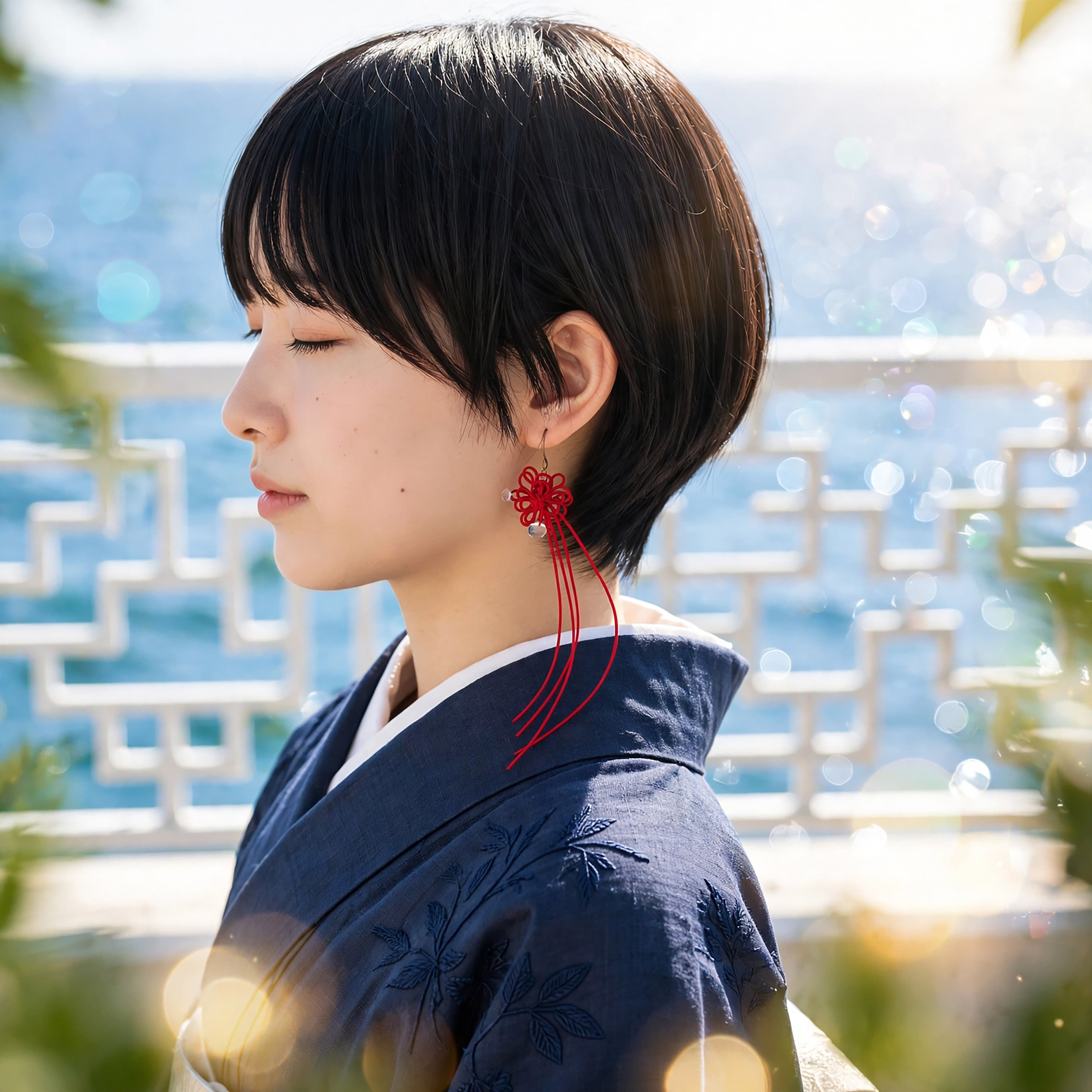 【新作】飾り結び+アクリルビーズピアス「リリウタカタ」 | 浴衣・着物・普段使いにも。