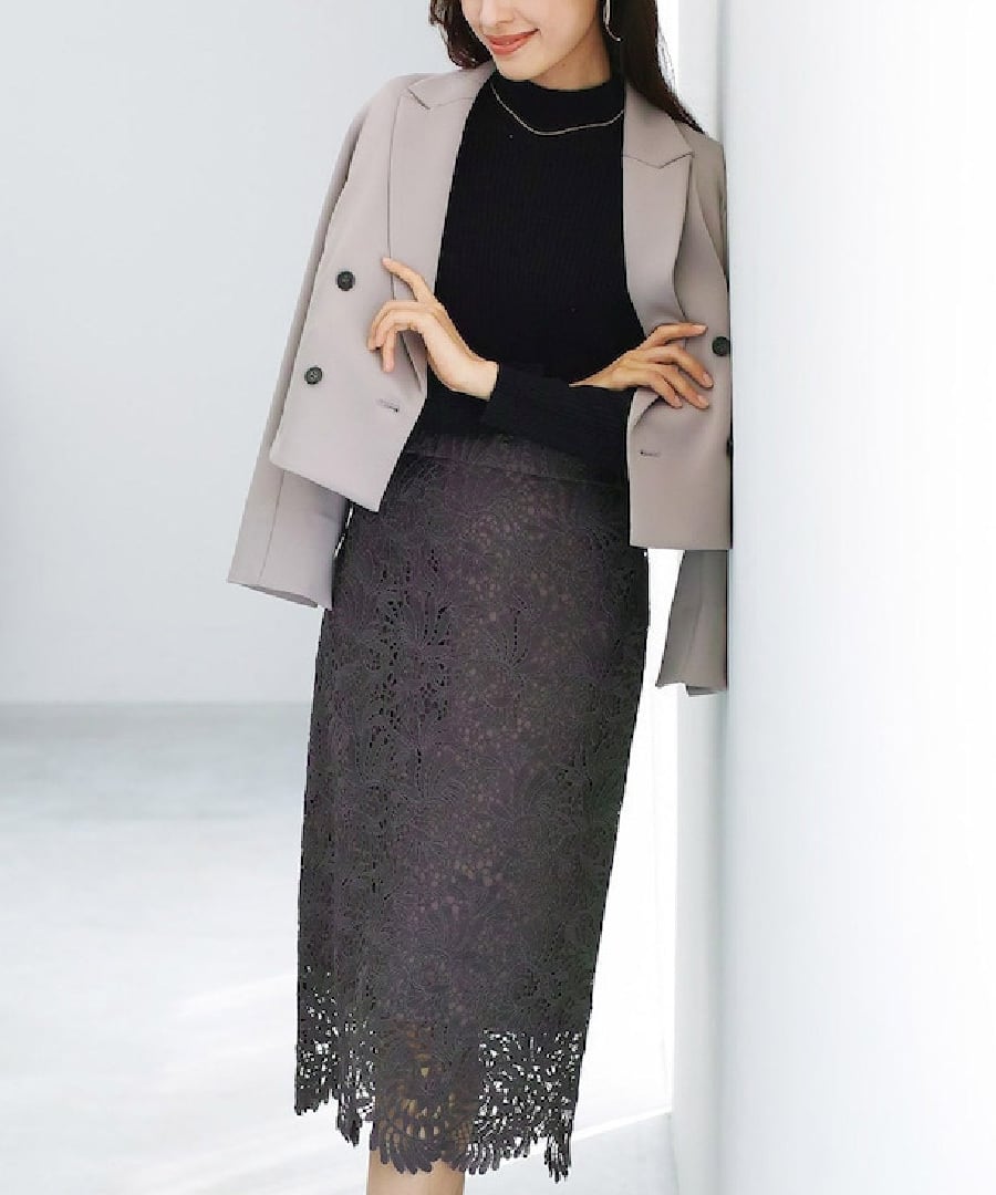 25AW】【 装いを格上げする華やぎスカート 】スカラップレースロング