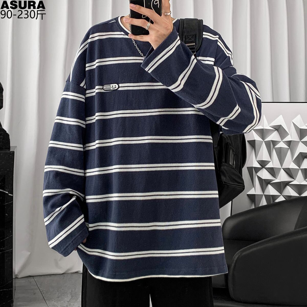 ニットストライプTシャツ シャツ ルーズオータムカジュアルスタンダード ロング レトロ 大きめサイズ 秋物 ASURAプラスサイズメンズ70886608275