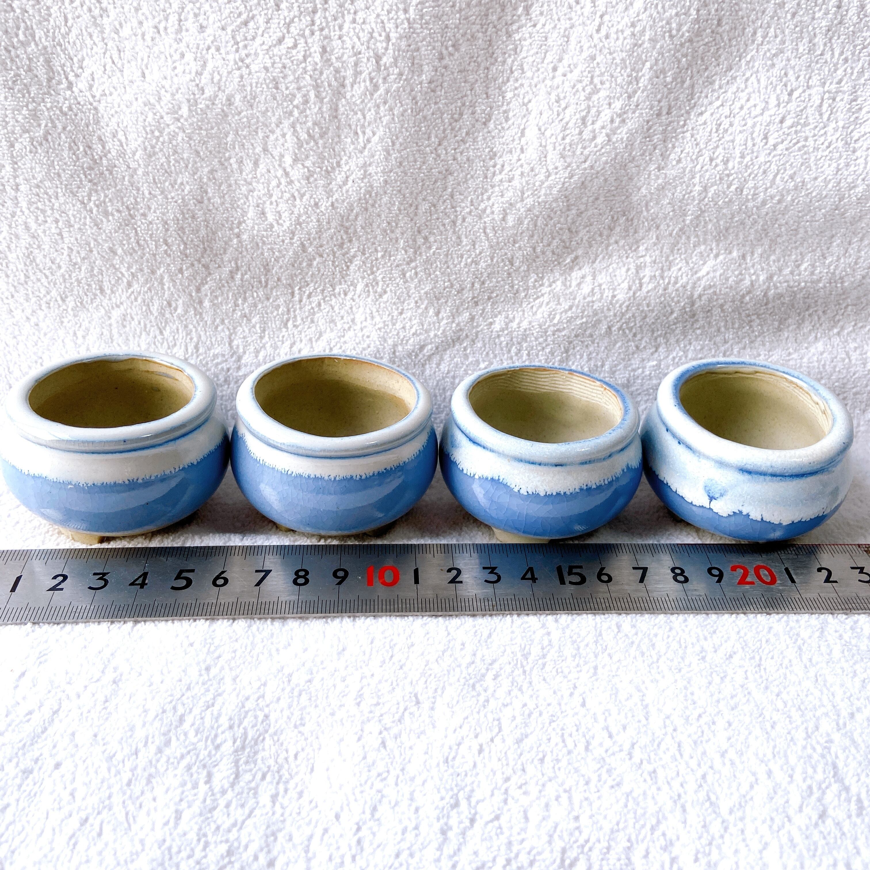 薄水紫色と白色の陶器植木鉢4点セット】 多肉植物・小品盆栽用に 北欧