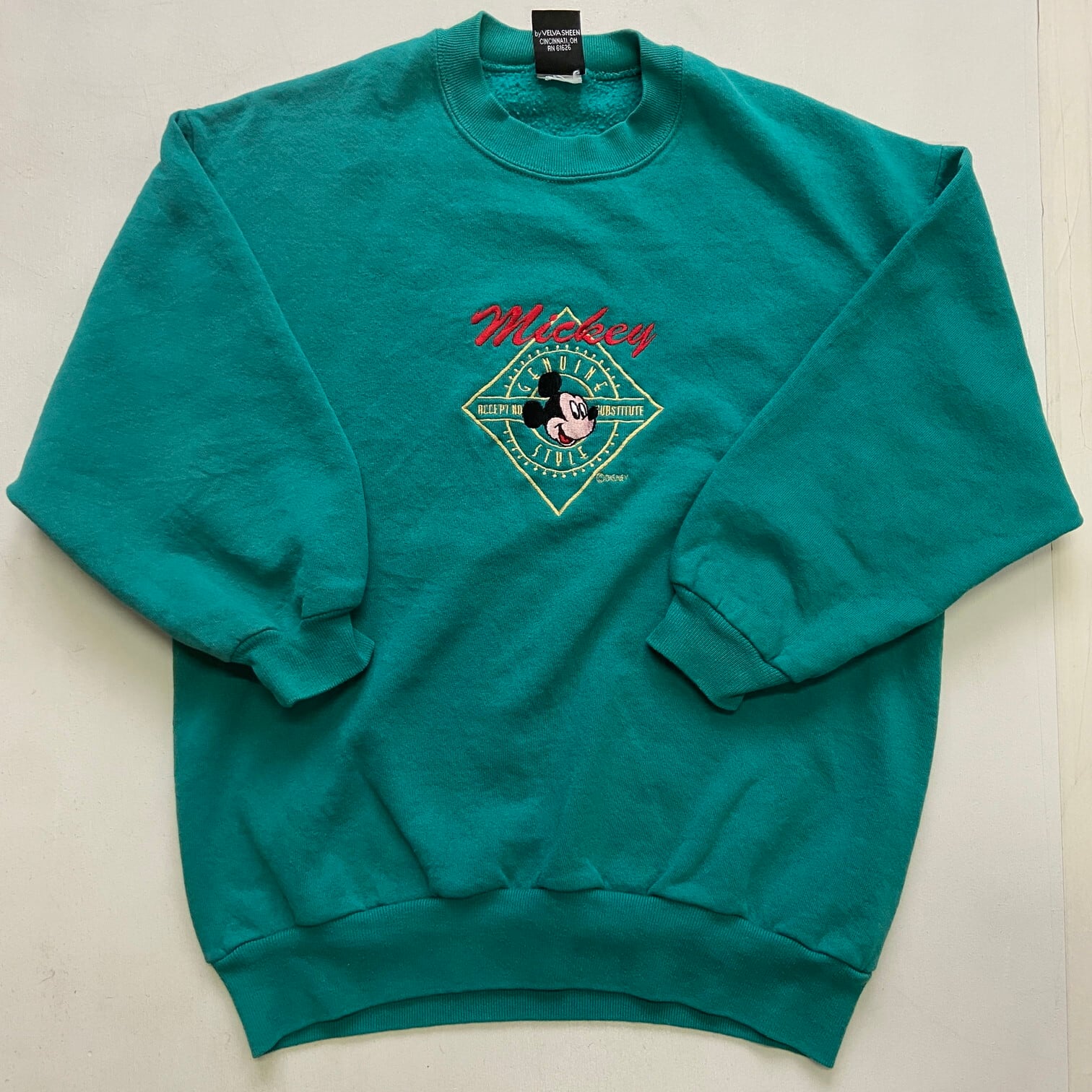 Mickey 90s キャラ刺繍 太腕 フリーススウェット 緑 L相当