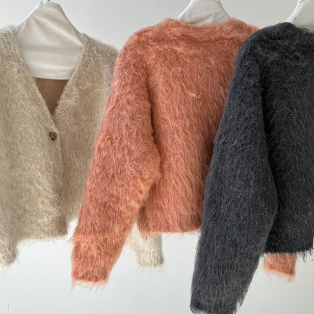 v-neck shaggy knit cardigan　J00342