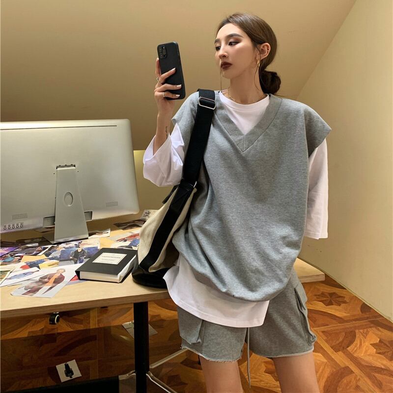 サマースタイルルーズカジュアルVネックショーツ カラーTシャツ レディース 夏物 ブルマー ピュア ドラファッションホール39236526505