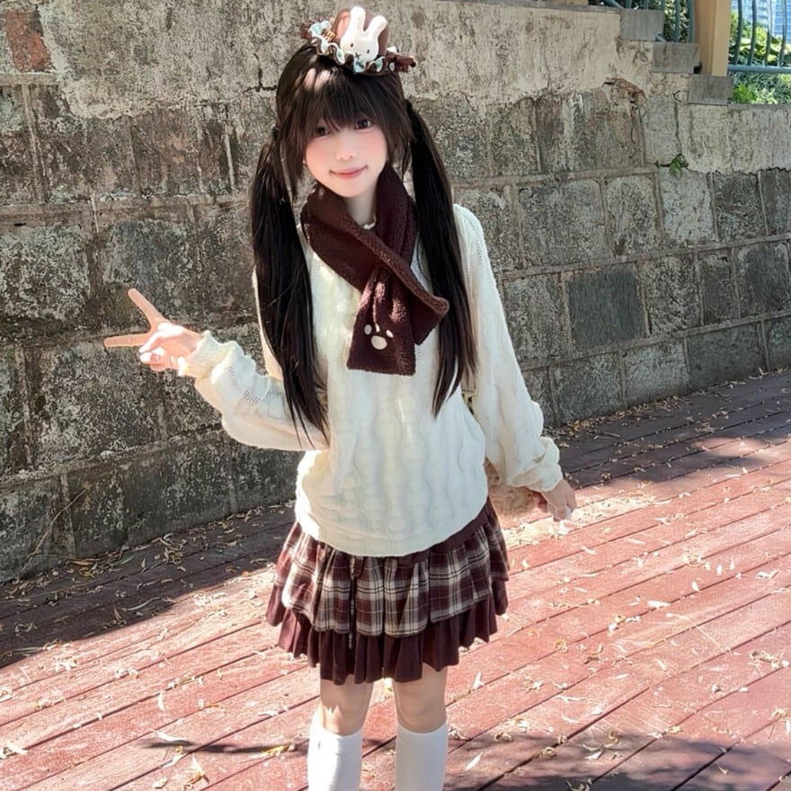 森ガール風 セットアップ ニット チェック柄 ミニスカート｜SEASONZ