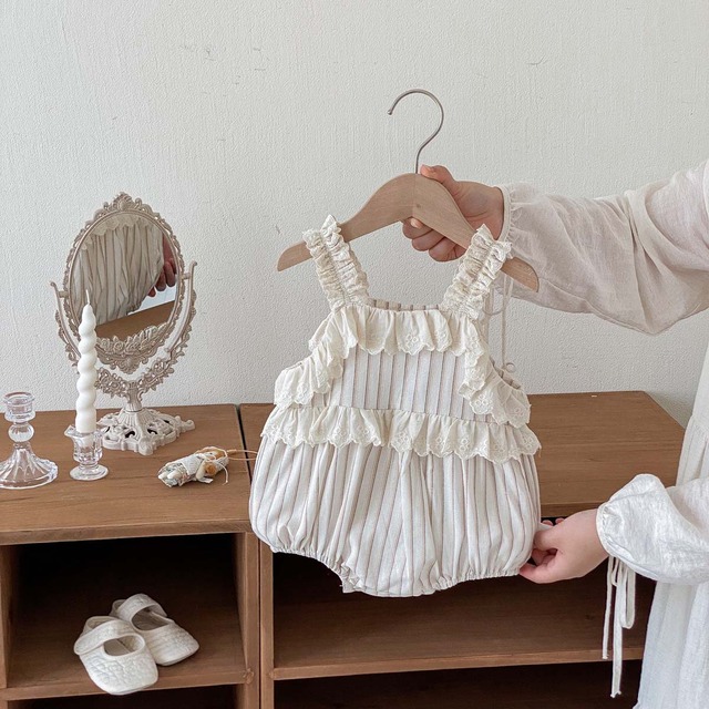 【BABY】フリルレースチェックストライプロンパース - 10
