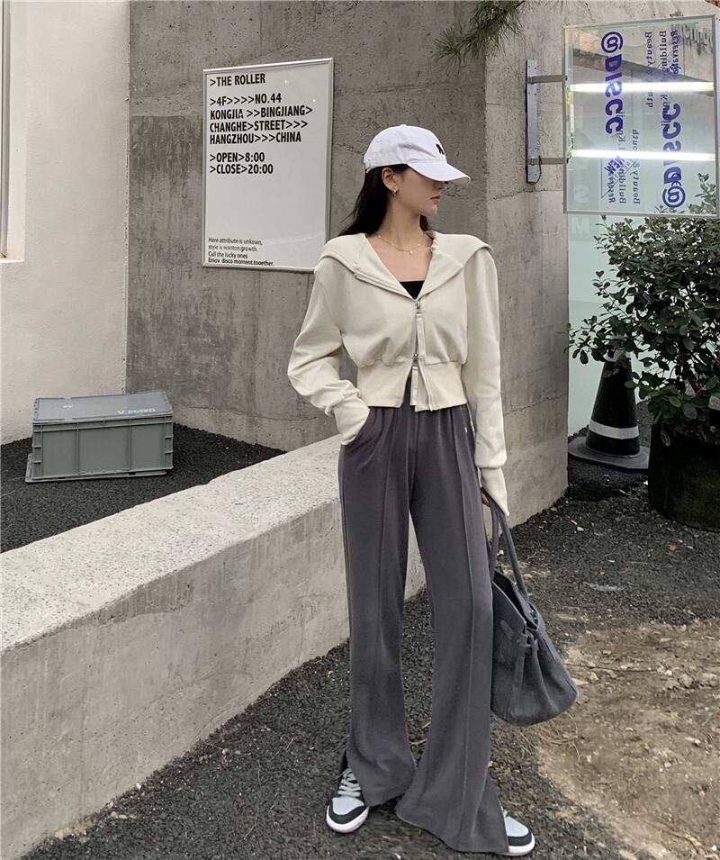 スウェット スリムショートジッパーカーディガンジャケット スプリングフードトップス 春物 ブラックストロベリース303638723