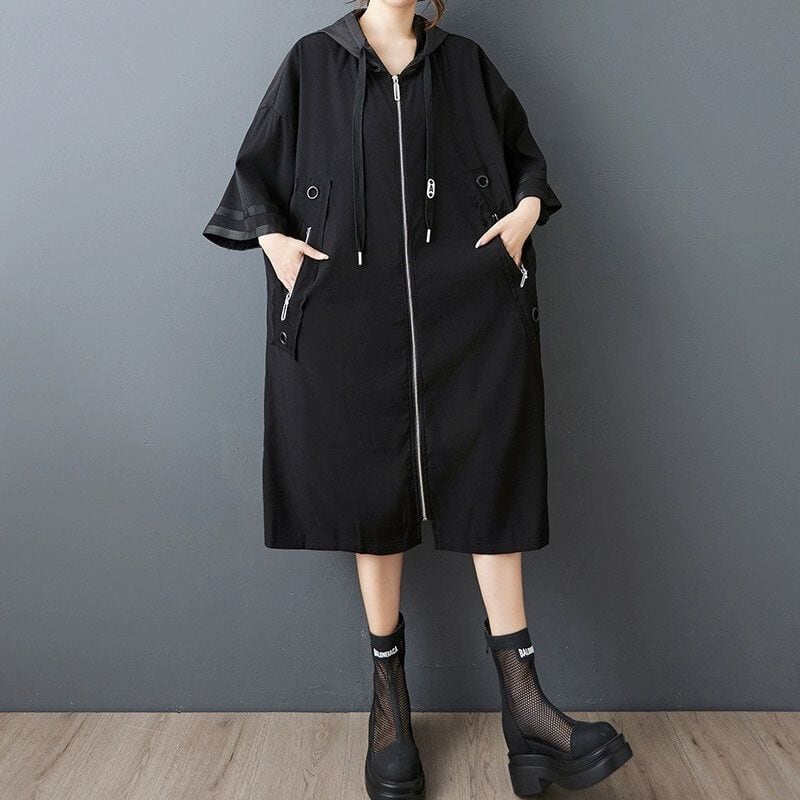 BLACK HOODED 3/4 SLEEVES MIDI FULLZIP CASUAL COAT 1color M-14483