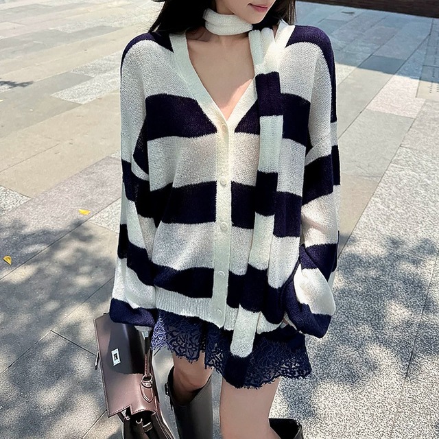 ストールセミシアーストライプニットカーディガン［S-L］