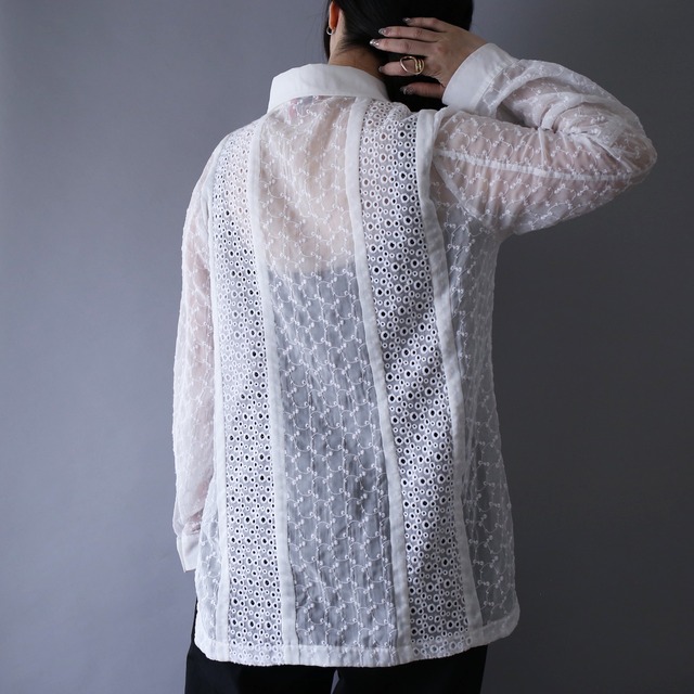 multi lace switching pattern half-button see-through shirt pullover