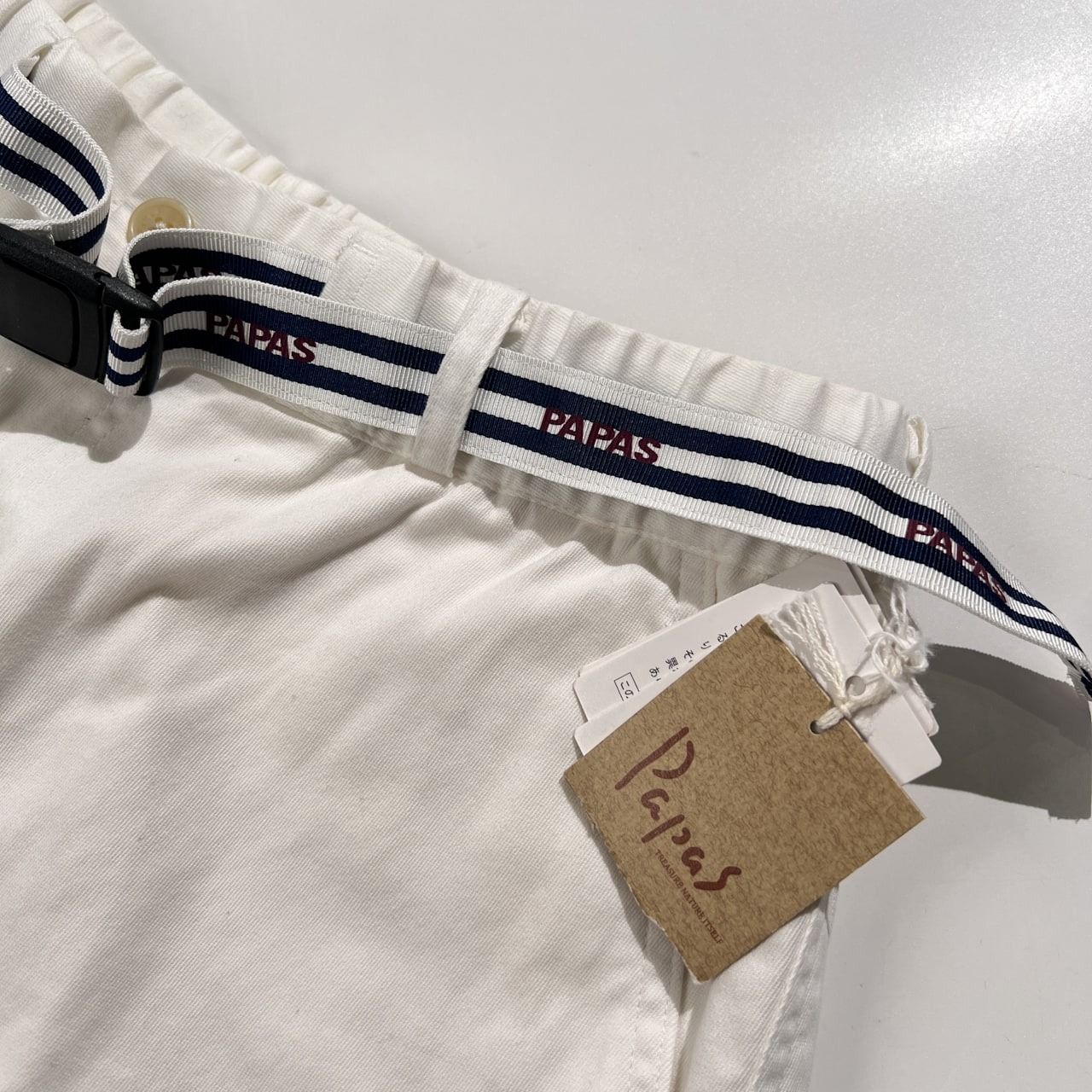 タグ付き 未使用品 PAPAS パパス ベルト付き ストレッチ ホワイト イージー ストレッチ コットン パンツ サイズ M /ホワイト