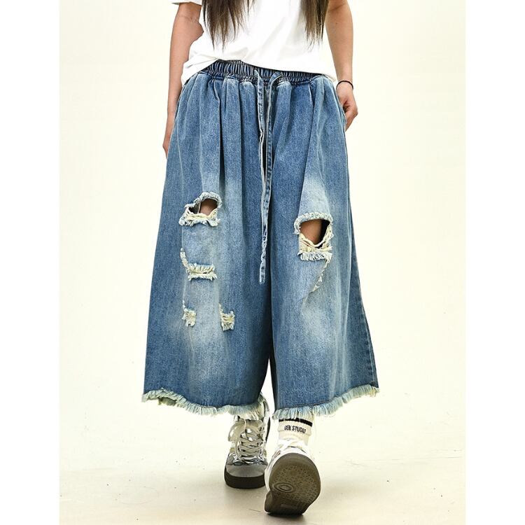 ドローストリング ワイド キュロット デニムパンツ ◆2col L00058