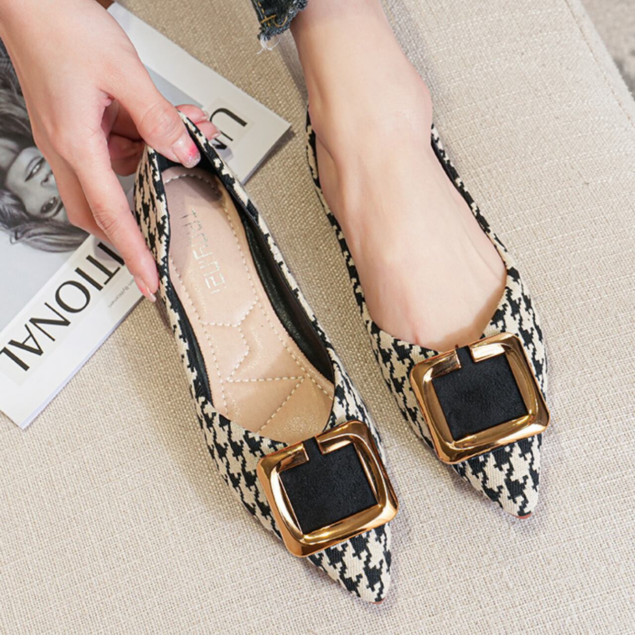 スクエア メタル 千鳥柄 フラットシューズ