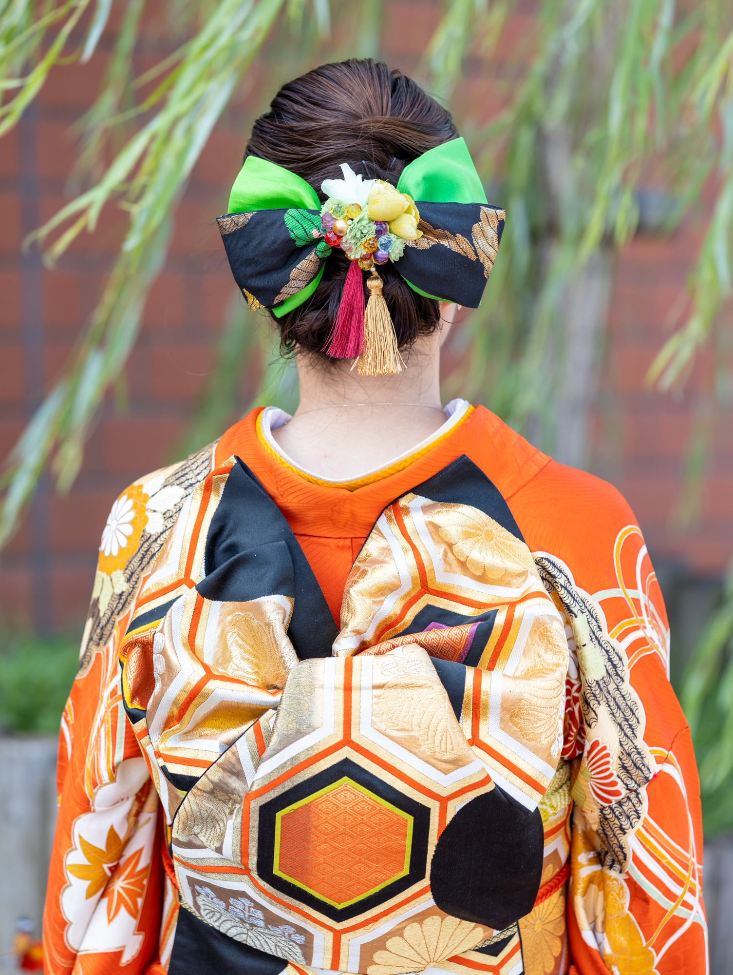 和装髪飾り　ティファニーブルー〜アクアグリーン✕レッド　成人式　卒業式　袴　着物