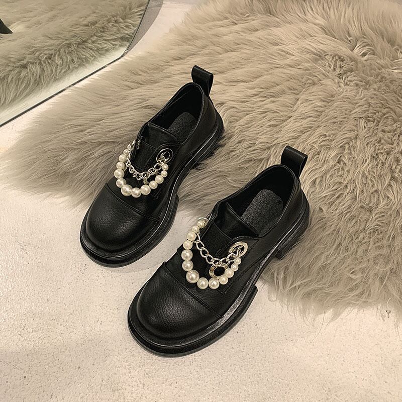 レザーオータムパールチェーン スタイルスタンダードシングル 靴 シューズ レトロ 秋物 真珠 フェイクシューズ3203446980