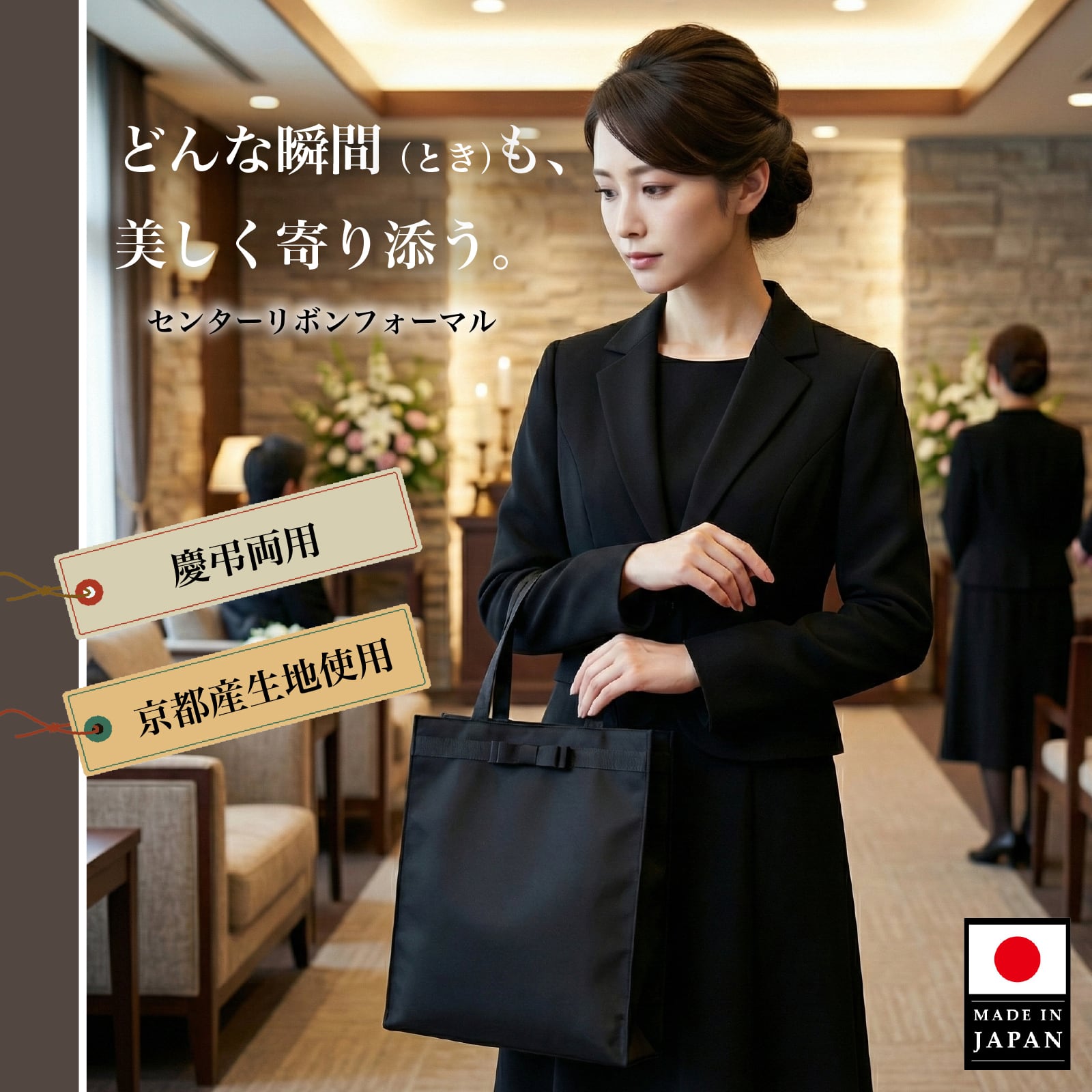 サブバッグ 撥水 A4 黒 センターリボン サテン 日本製（結婚式・入学式