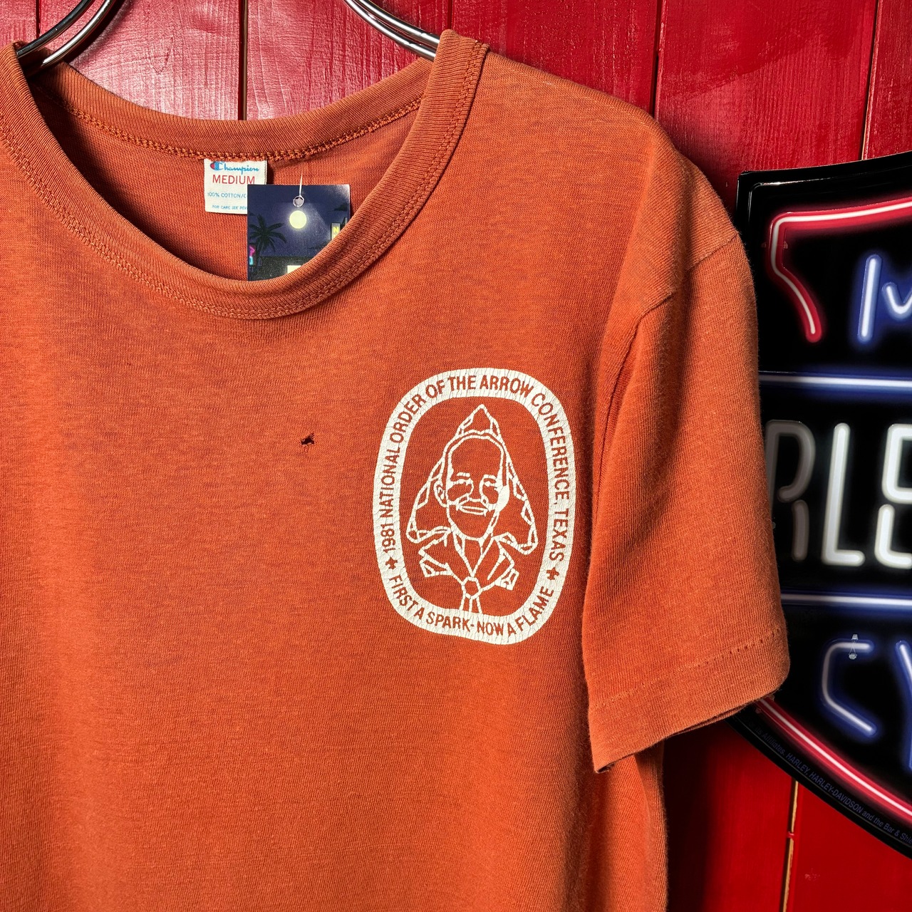 80s USA製Champion ヴィンテージTシャツ オレンジ ワンポイント シングルステッチ