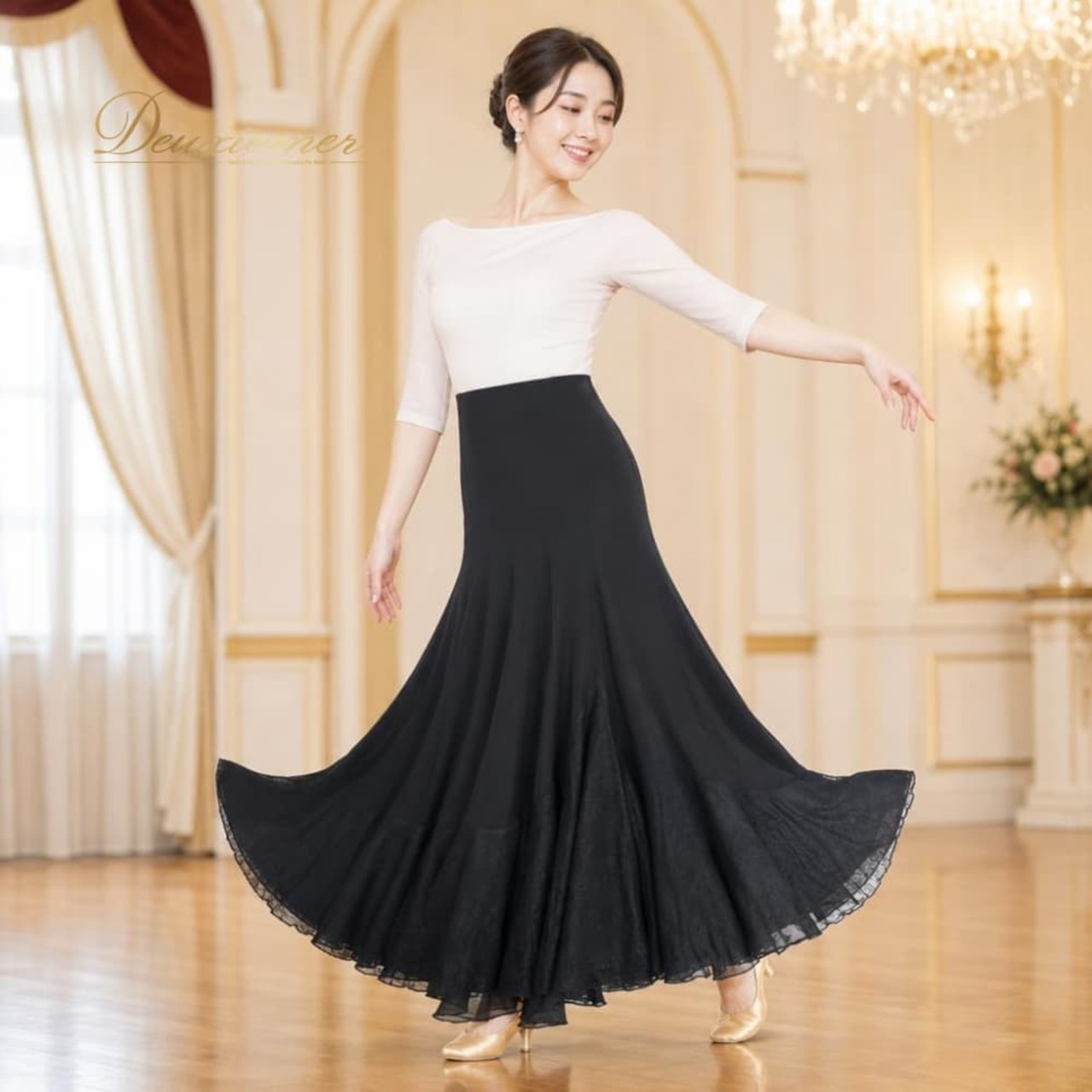 社交ダンス 衣装 Chacott Dance Sport チャコット ダンススポーツ スカート レッスンウェア ブラック系 黒 日本製 花柄 レース 透け感 シースルー フレア 黒 真っ黒 華やか かわいい おしゃれ 上品 大人っぽい ダンス 練習 レッスン ダンス衣装 練習着 無地 シンプル
