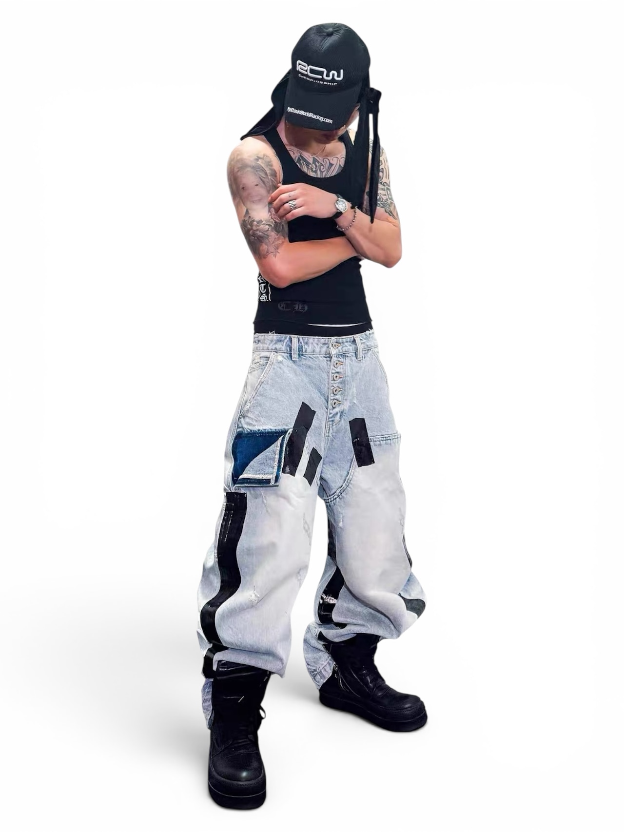 【RYE CHASIN】Duct-taped washed denim jeans