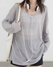 Sheer henry-neck loose T-shirt L0088