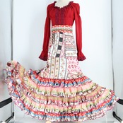 【美品 フラメンコ衣装】レッド SONIA JOHNES ソニアジョーンズ 上下セット ファルダ ブラウス 赤 ボランテ フリル 水玉 花柄 レース ピンク ホワイト 白 紫 薔薇 長袖 袖有り ドット ダンス用 ハイウエスト レディース 発表会