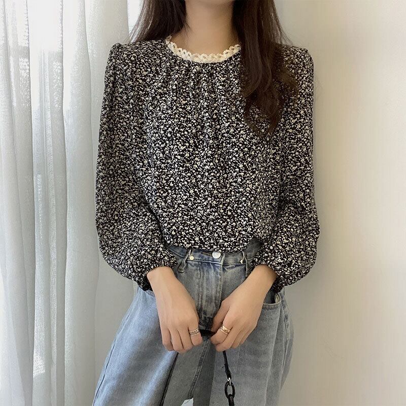 スタンダードレースフローラルシャツ スプリング ロング レトロ 春物 花柄 ステッチ 萌量不足13622374664