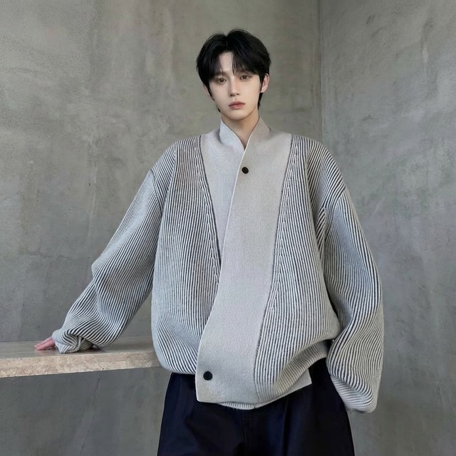 アシンメトリー ストライプ柄切替ワイドカーディガン 2カラー D12013