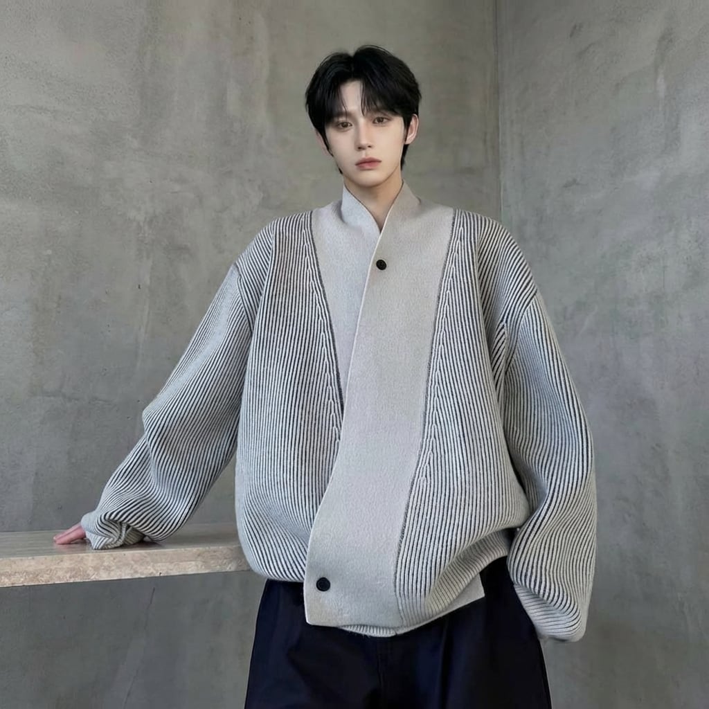 アシンメトリー ストライプ柄切替ワイドカーディガン 2カラー D12013