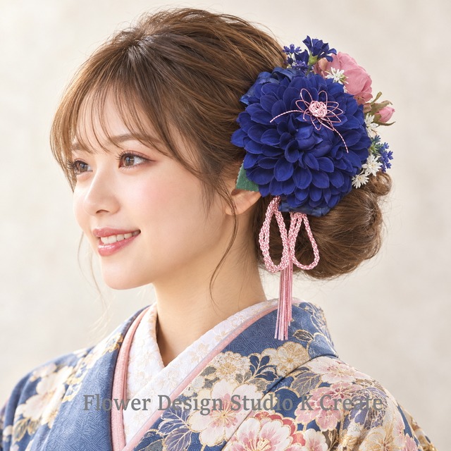 成人式・結婚式・卒業袴に♡ロイヤルブルーのダリアと薔薇のへッドドレス(10点セット) 和装 ネイビー 紺 髪飾り 成人式 卒業式 入学式 袴 袴髪飾り 前撮り ウェディング 白無垢 和装