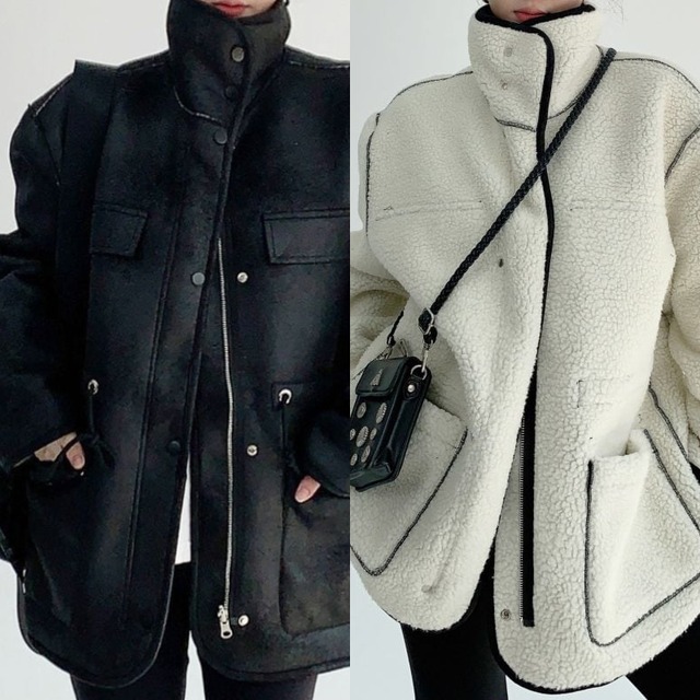 2way fake leather boa coat 2 colors　V1925