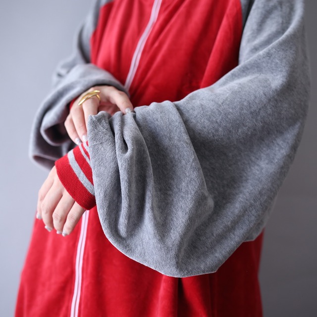 "red×gray" good bi-color XXXL super over silhouette velours track jacket