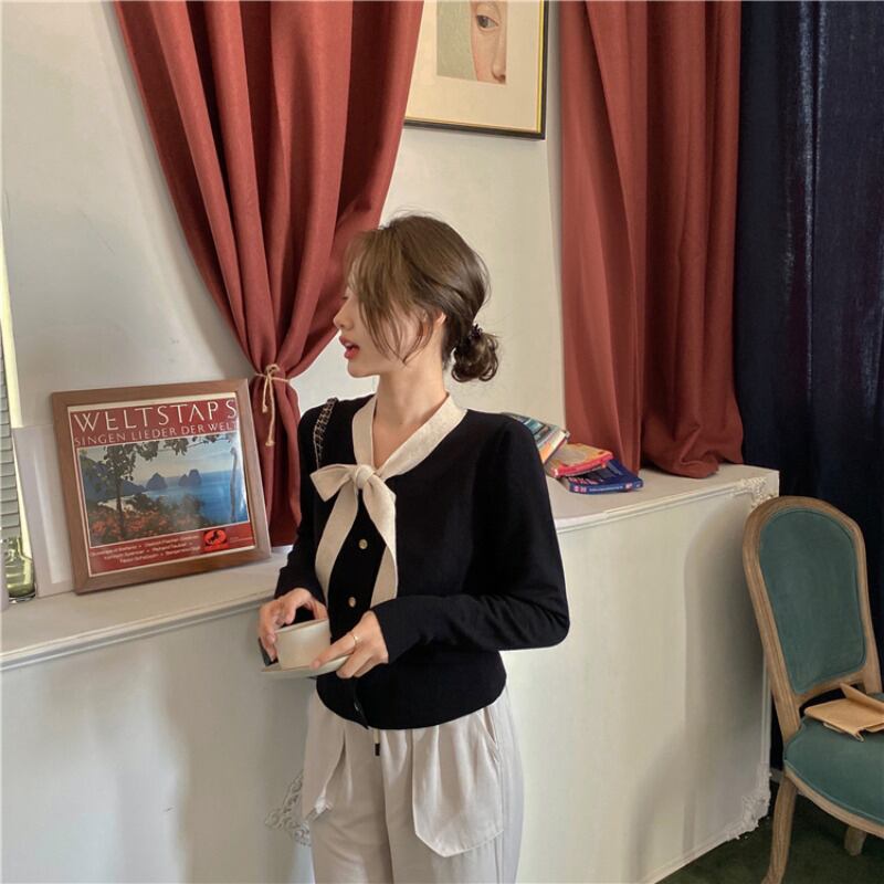 ニットセーター ブラックスリムトップス スプリングカーディガンジャケット リボン 春物 ブラックストロベリース84357661685