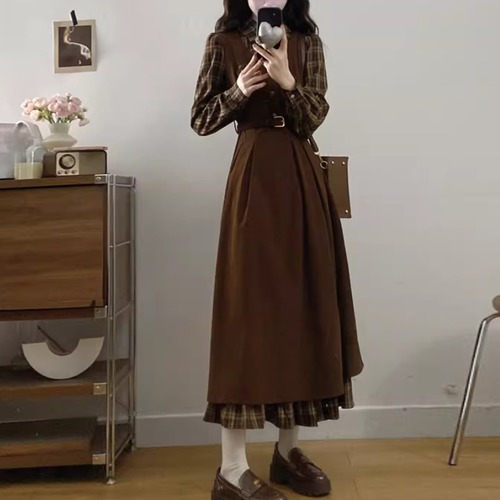 チェックシャツレイヤード風タックワンピ ・74190