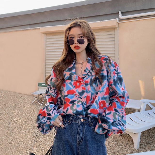 フローラルシャツ スタンダードスタイルスプリングオータムブラウス レトロ 春物 秋物 花柄 試着室53222859740