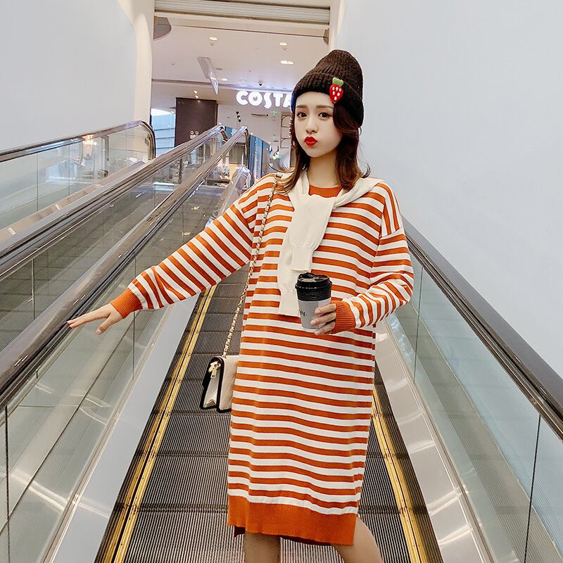 【新作】【送料無料】 マタニティウェア2020秋と冬の新しいストライプニットフード付きドレスミドル丈ファッションマタニティドレス-アリババ オータム 秋物 ウィンター 冬物 expec27322714412