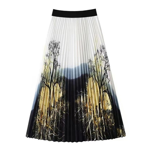 INK PAINTING PRINT PLEATED A-LINE LONG SKIRT 1color M-4775