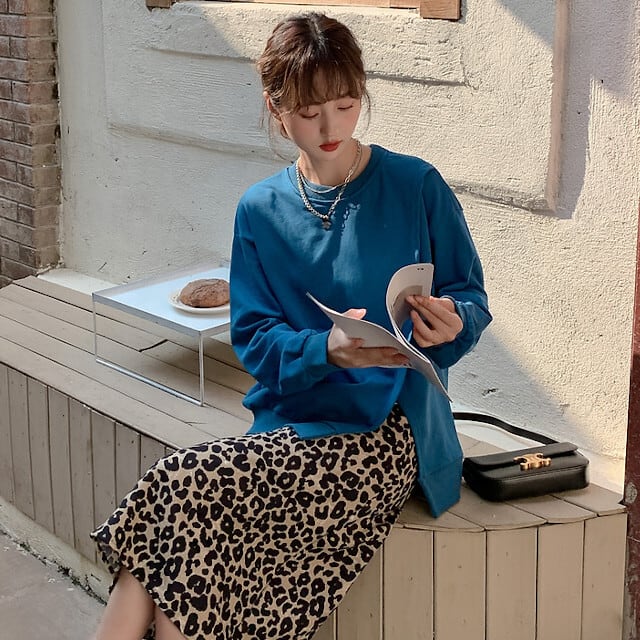 2点セット ツーピース レディース トップス スカート 長袖 ひざ下丈 おしゃれ かっこいい トレンド ヒョウ柄 レオパード ブルー M/L/XL/2XL/3XL